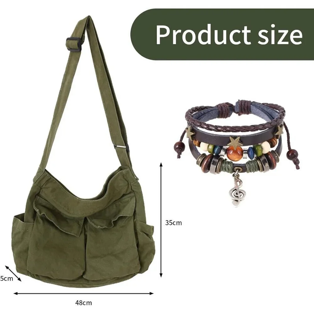 Canvas Messenger Bag Unisex Large Travel Crossbody with Fairy Grunge Bracelet